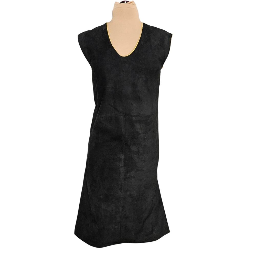 L. Alvear Piel Black Suede Leather Midi Dress Sleeveless Yellow Trim Spain 4